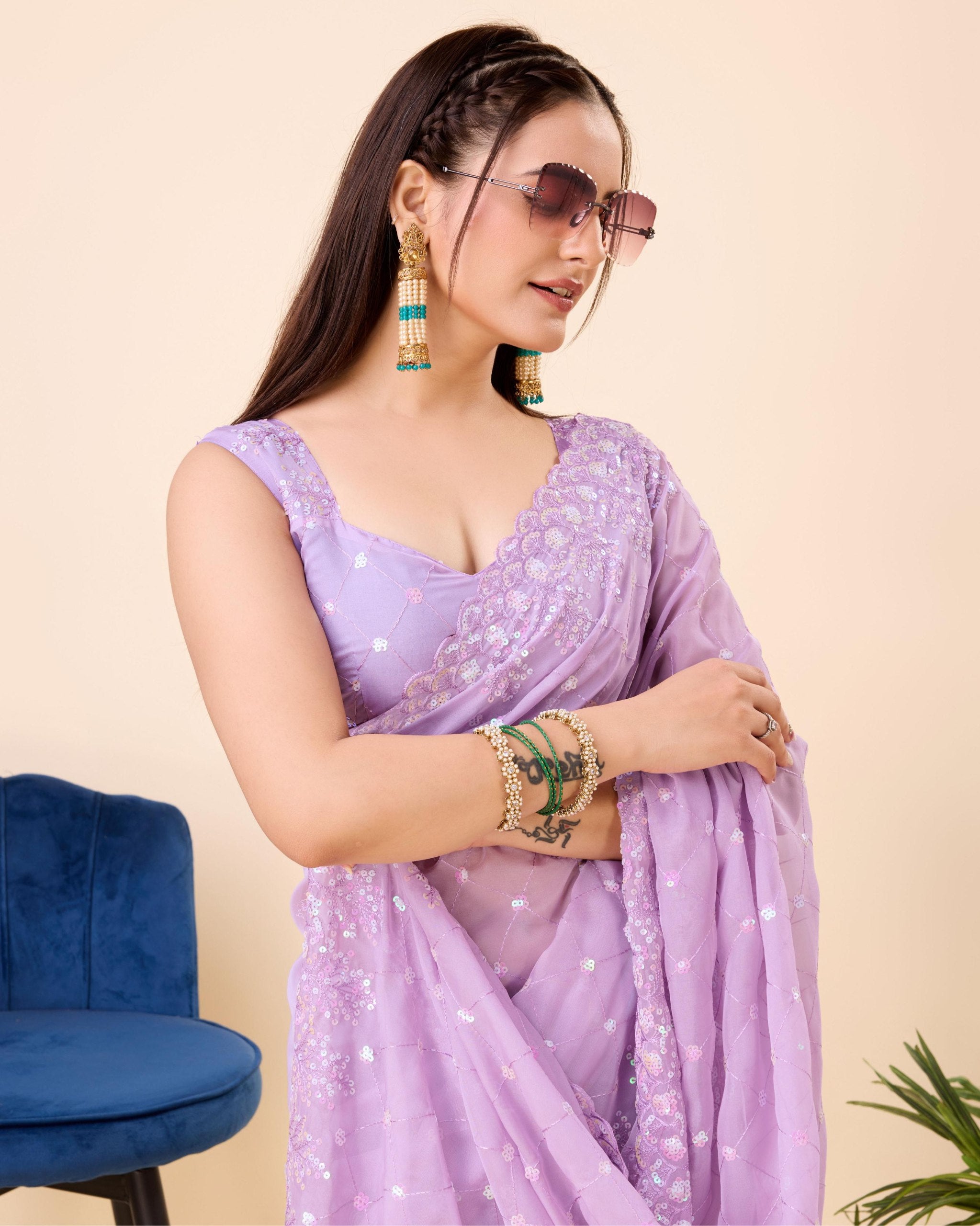 Elegant Taby Silk Organza Lavender Saree with Embroidered Butti & Piping Border Colorful Saree