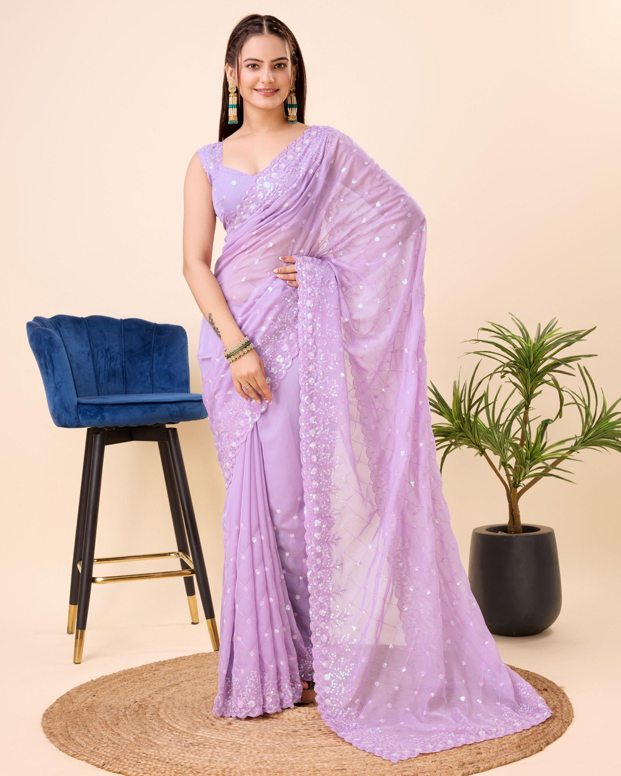 Elegant Taby Silk Organza Lavender Saree with Embroidered Butti & Piping Border Colorful Saree