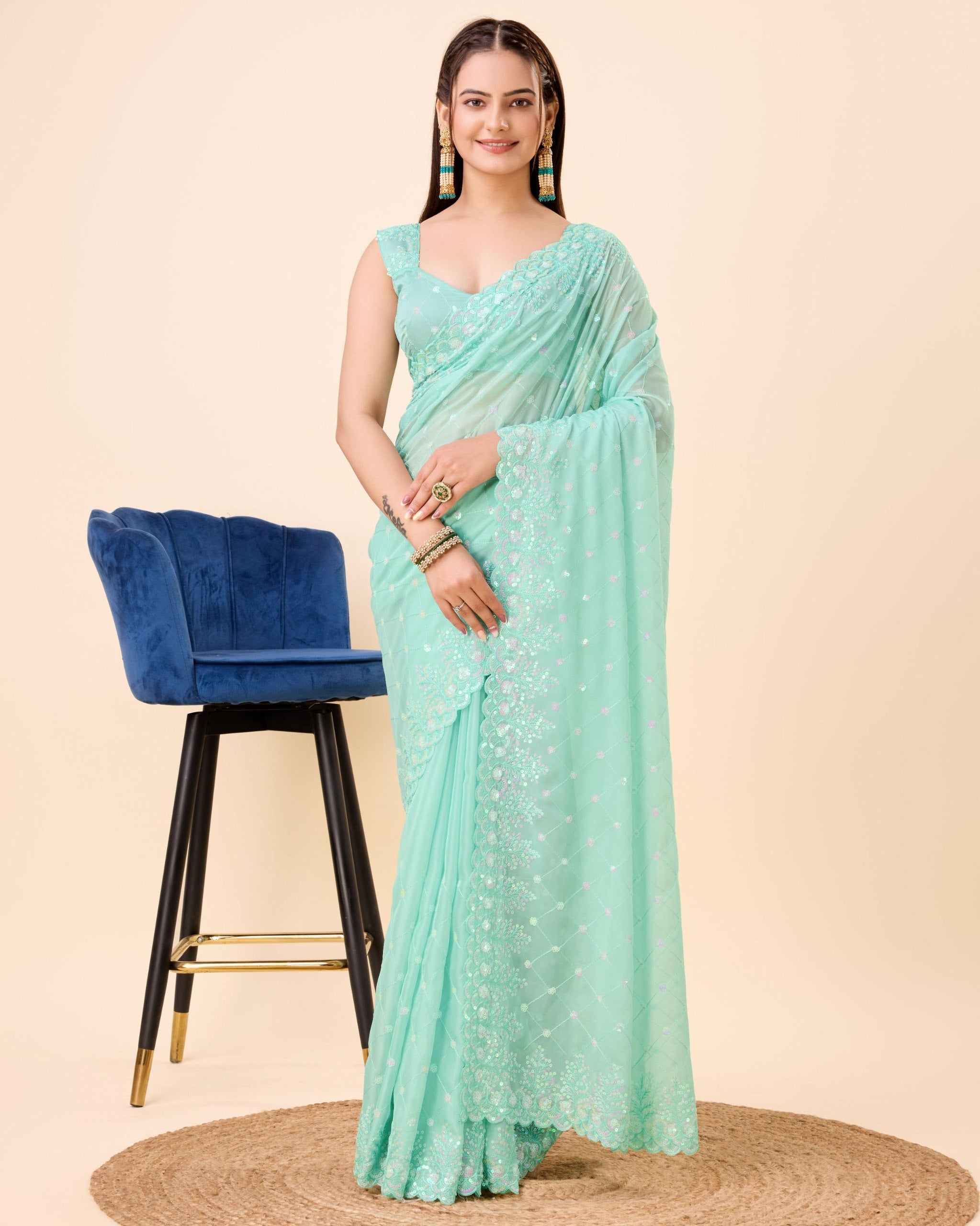 Elegant Taby Silk Organza Mint Green Saree with Embroidered Butti & Piping Border Colorful Saree