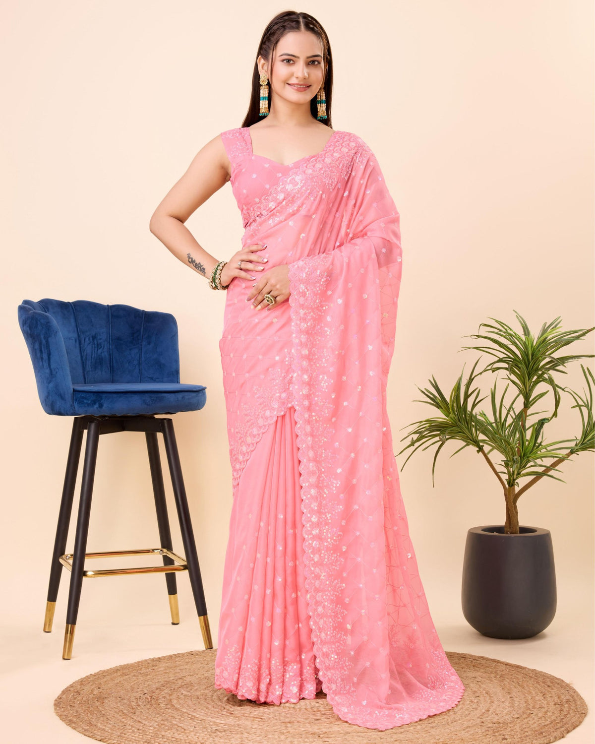 Elegant Taby Silk Organza Pink Saree with Embroidered Butti & Piping Border Colorful Saree