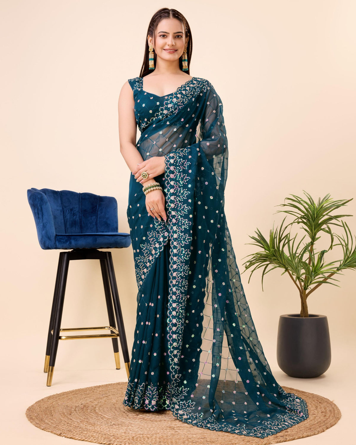 Elegant Taby Silk Organza Teal Blue Saree with Embroidered Butti & Piping Border Colorful Saree