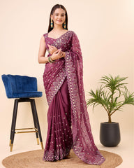 Elegant Taby Silk Organza Wine Saree with Embroidered Butti & Piping Border Colorful Saree