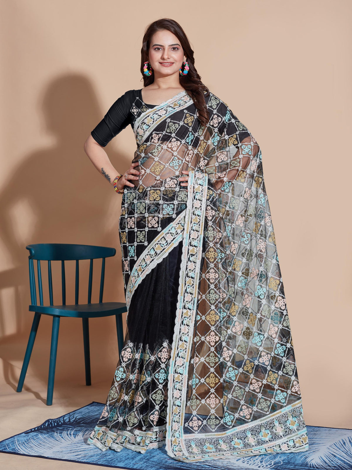 Embroidered Butterfly Net Black Saree with Multi Work Cut Border and Sequined Blouse Colorful Saree