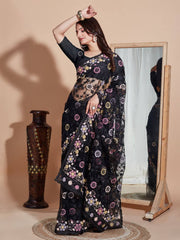 Embroidered Butterfly Net Black Saree with Multi Work Cut Border and Sequined Blouse Colorful Saree