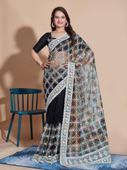 Embroidered Butterfly Net Black Saree with Multi Work Cut Border and Sequined Blouse Colorful Saree