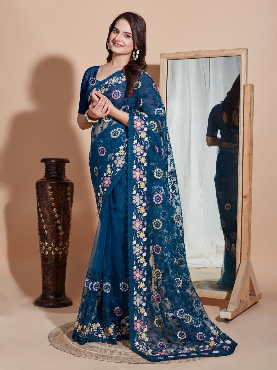 Embroidered Butterfly Net Blue Saree with Multi Work Cut Border and Sequined Blouse Colorful Saree