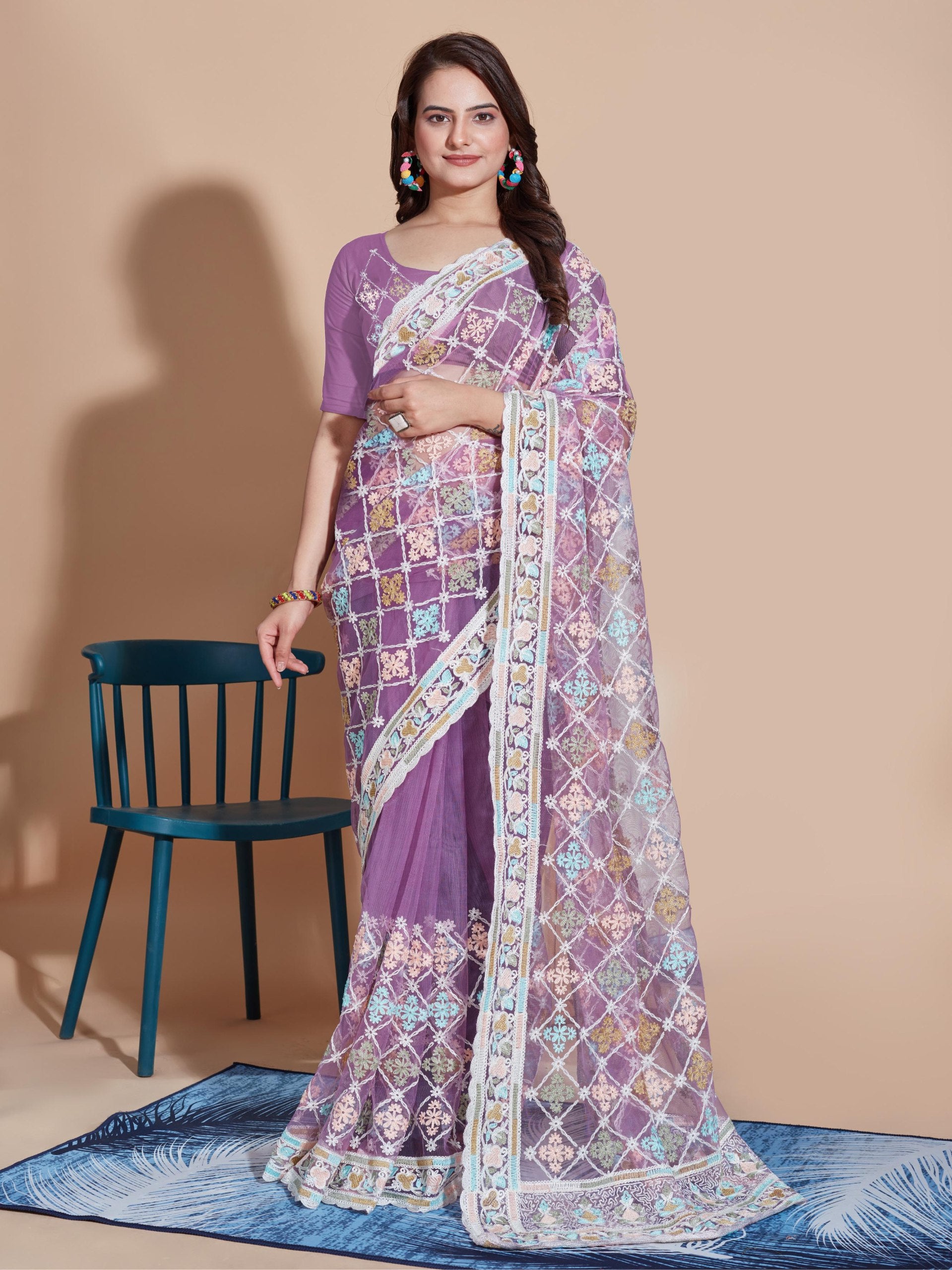 Embroidered Butterfly Net Lavender Saree with Multi Work Cut Border and Sequined Blouse Colorful Saree