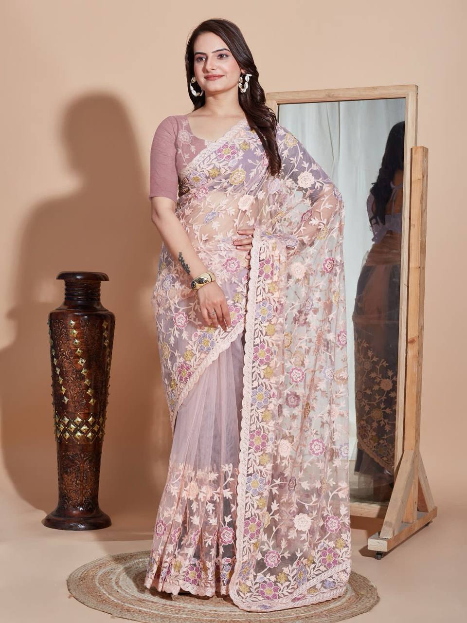 Embroidered Butterfly Net Peach Saree with Multi Work Cut Border and Sequined Blouse Colorful Saree