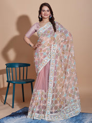 Embroidered Butterfly Net Peach Saree with Multi Work Cut Border and Sequined Blouse Colorful Saree