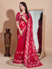 Embroidered Butterfly Net Pink Saree with Multi Work Cut Border and Sequined Blouse Colorful Saree