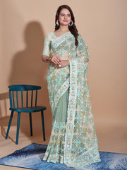 Embroidered Butterfly Net  Pista Green Saree with Multi Work Cut Border and Sequined Blouse Colorful Saree