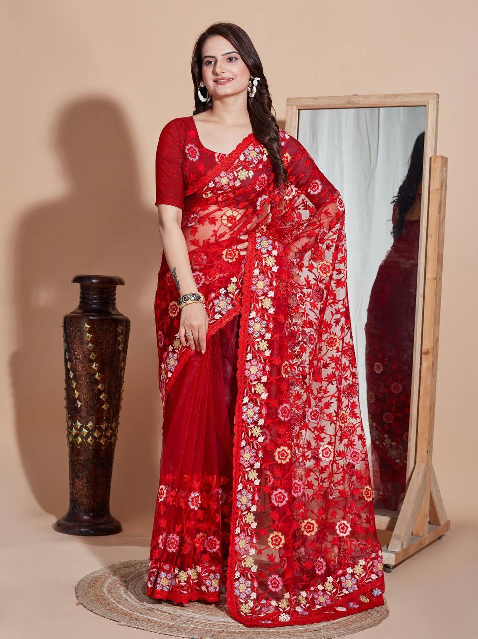 Embroidered Butterfly Net Red Saree with Multi Work Cut Border and Sequined Blouse Colorful Saree