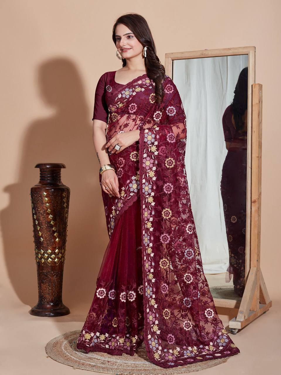 Embroidered Butterfly Net Wine Saree with Multi Work Cut Border and Sequined Blouse Colorful Saree