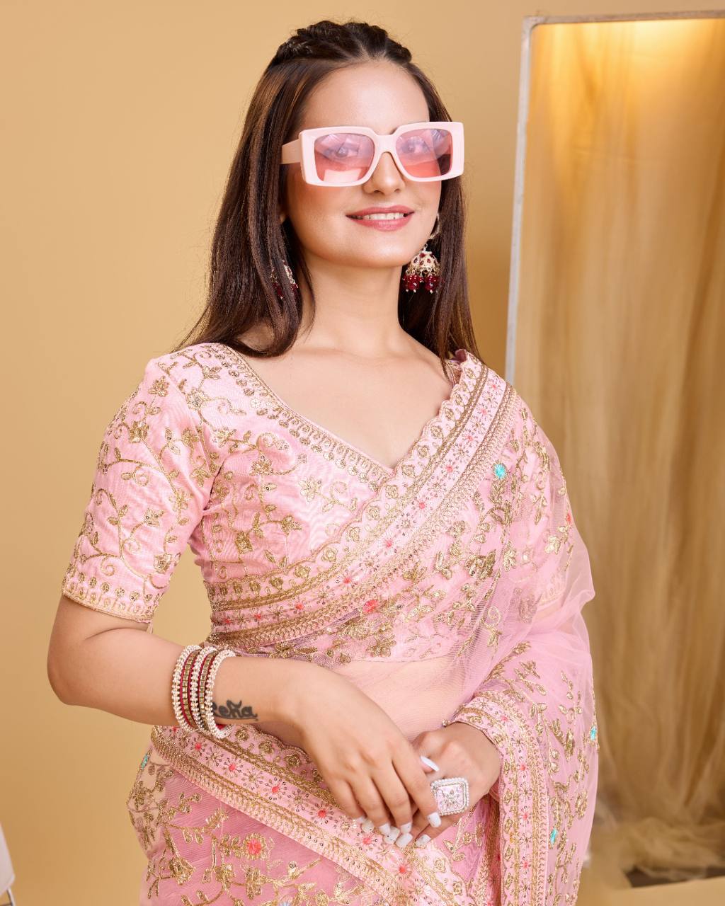 Embroidered Butterfly Soft Net Baby Pink Saree with Mono Banglory Silk Blouse Colorful Saree