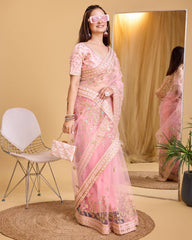 Embroidered Butterfly Soft Net Baby Pink Saree with Mono Banglory Silk Blouse Colorful Saree