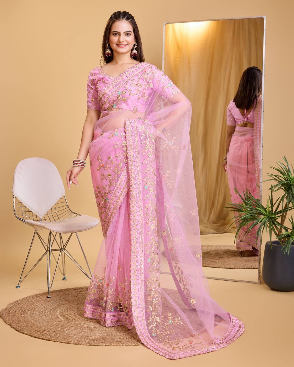 Embroidered Butterfly Soft Net Pink Saree with Mono Banglory Silk Blouse Colorful Saree