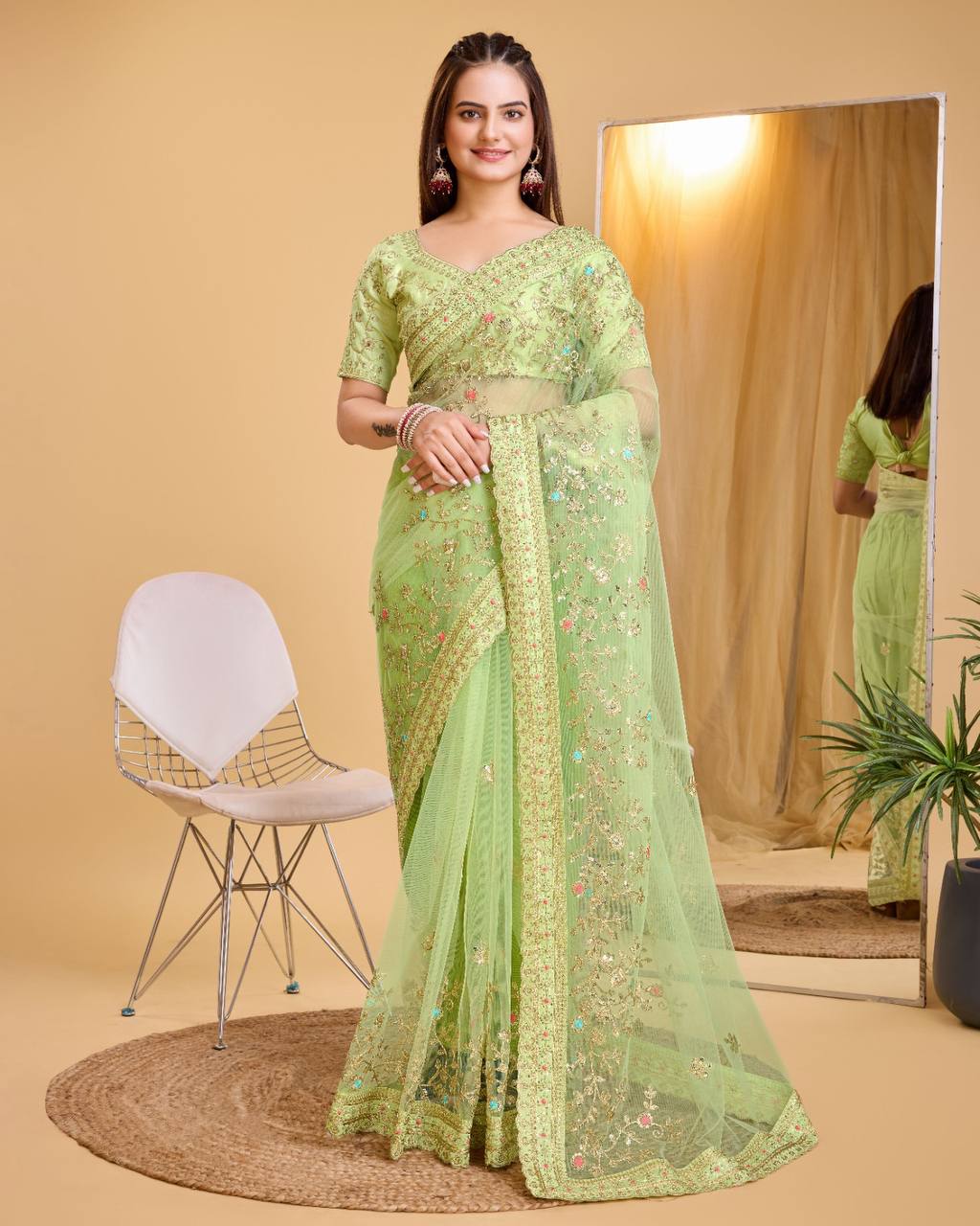 Embroidered Butterfly Soft Net Pista Green Saree with Mono Banglory Silk Blouse Colorful Saree