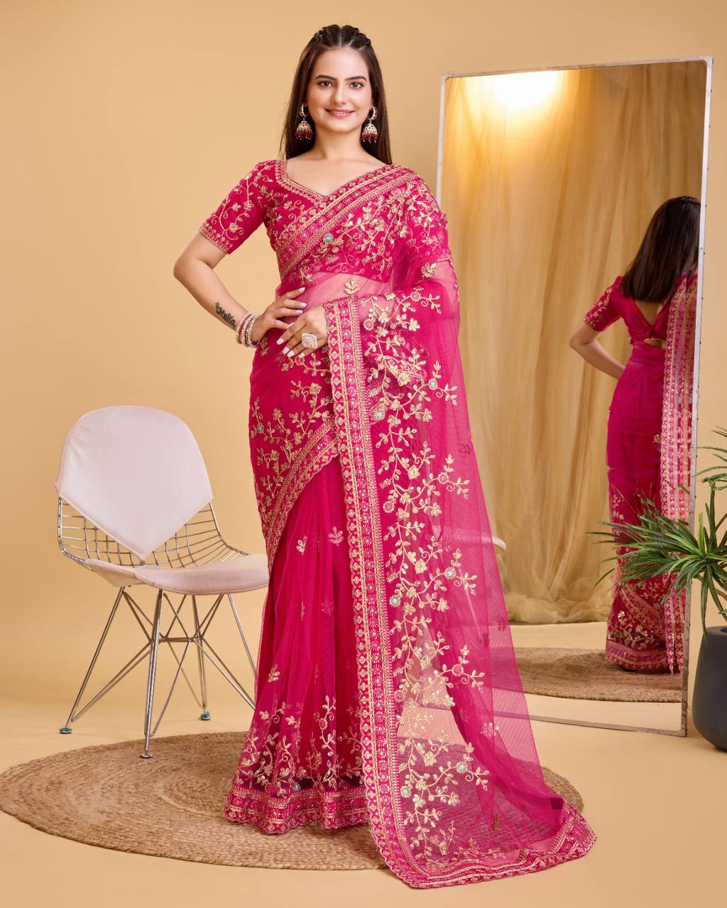 Embroidered Butterfly Soft Net Rani Pink Saree with Mono Banglory Silk Blouse Colorful Saree