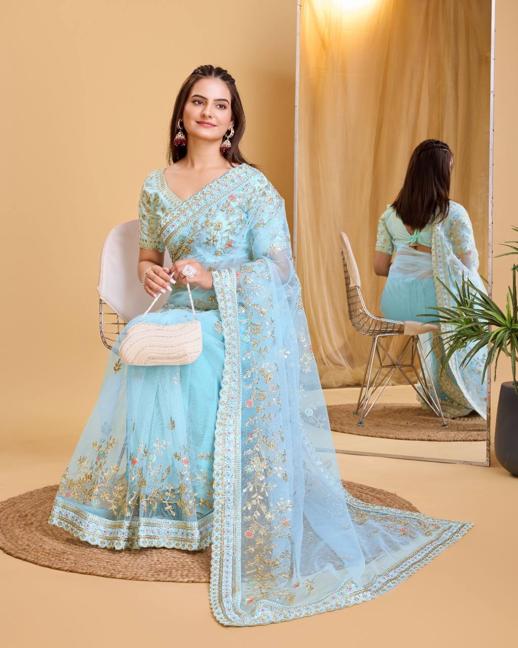 Embroidered Butterfly Soft Net Sky Blue Saree with Mono Banglory Silk Blouse Colorful Saree