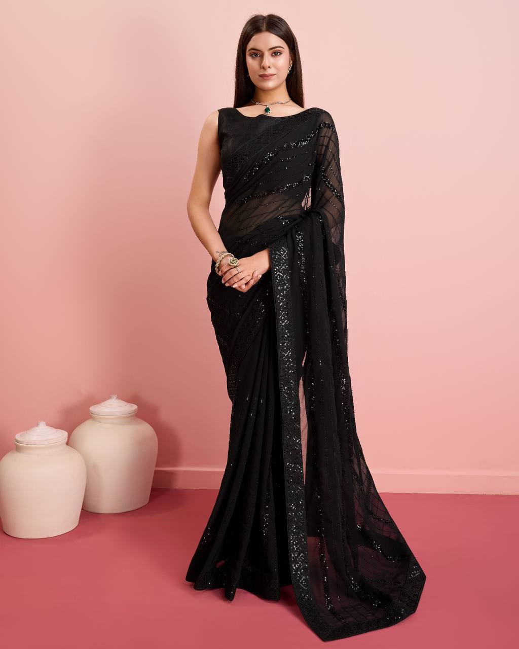 Embroidered Sequin Black Saree - Soft Premium Georgette with Lace Border Colorful Saree