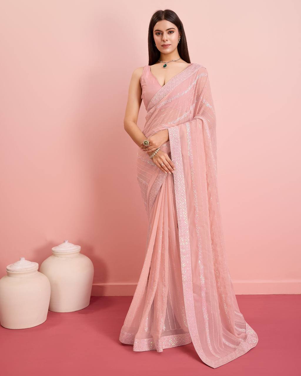 Embroidered Sequin Peach Saree - Soft Premium Georgette with Lace Border Colorful Saree