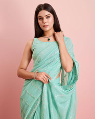 Embroidered Sequin Sky Blue Saree - Soft Premium Georgette with Lace Border Colorful Saree