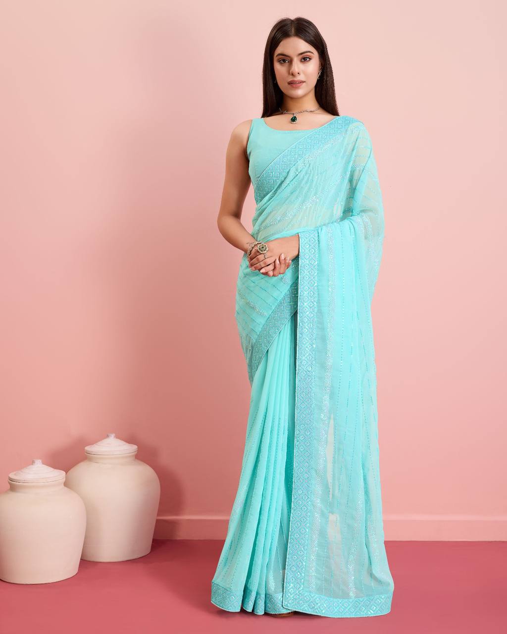 Embroidered Sequin Sky Blue Saree - Soft Premium Georgette with Lace Border Colorful Saree