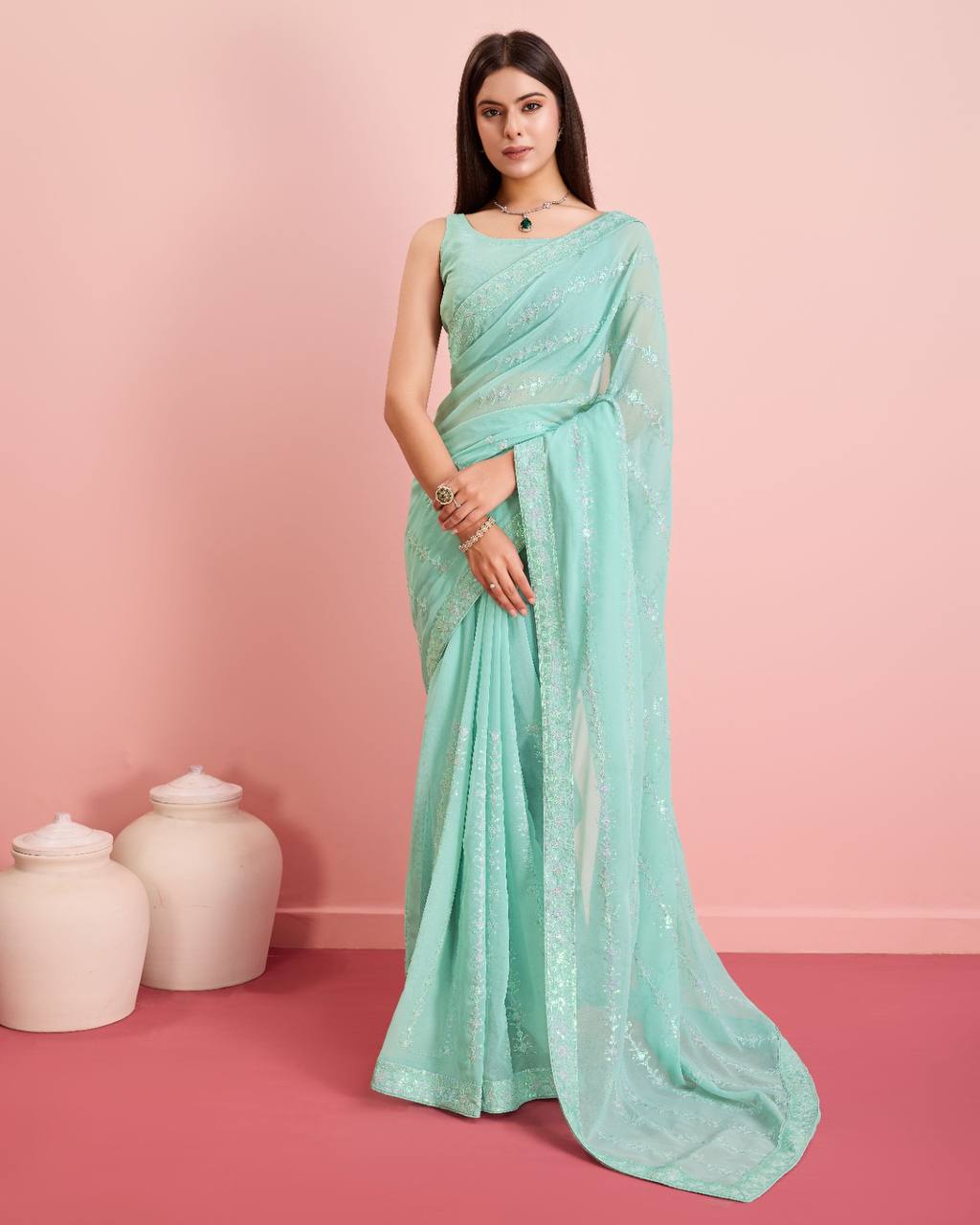 Embroidered Sequin Sky Blue Saree - Soft Premium Georgette with Lace Border Colorful Saree