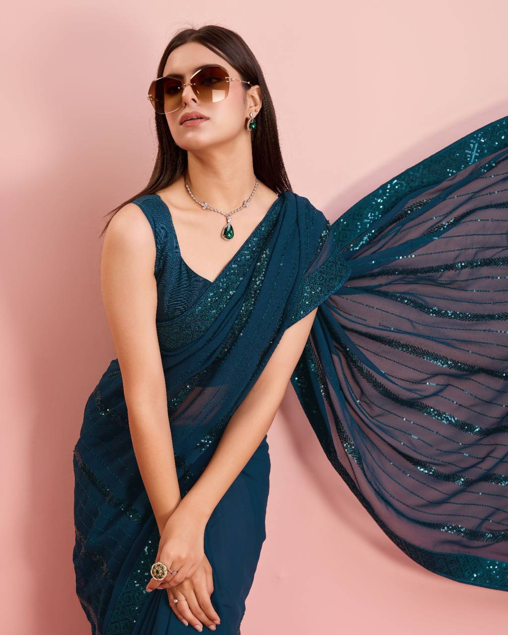 Embroidered Sequin Teal Blue Saree - Soft Premium Georgette with Lace Border Colorful Saree