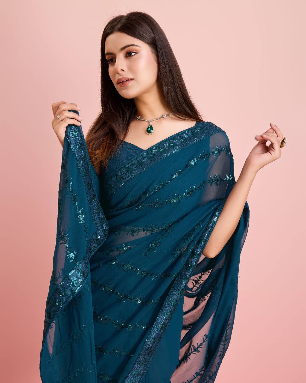 Embroidered Sequin Teal Blue Saree - Soft Premium Georgette with Lace Border Colorful Saree