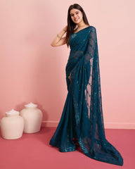 Embroidered Sequin Teal Blue Saree - Soft Premium Georgette with Lace Border Colorful Saree