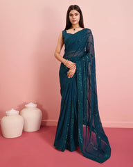 Embroidered Sequin Teal Blue Saree - Soft Premium Georgette with Lace Border Colorful Saree