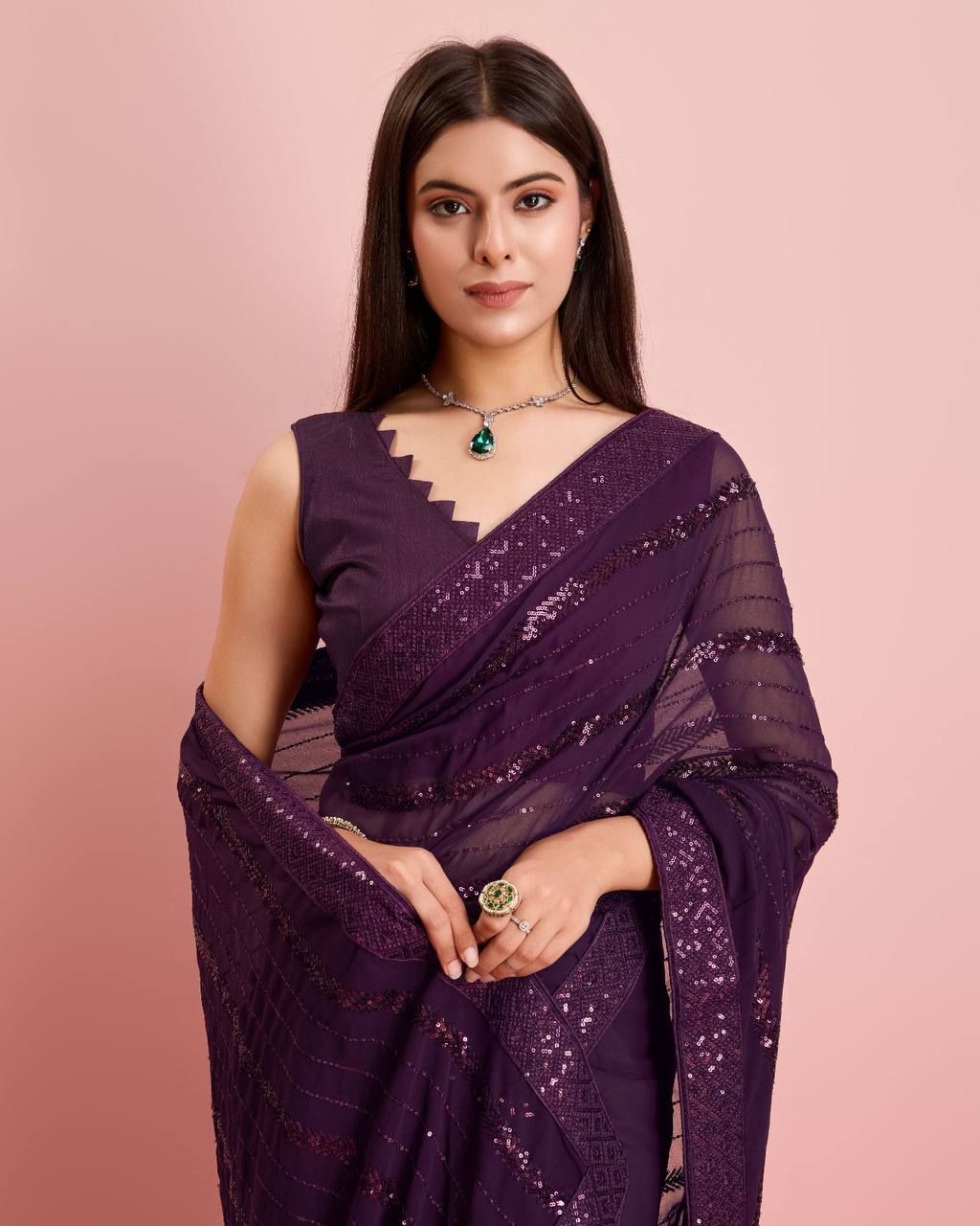 Embroidered Sequin Wine Saree - Soft Premium Georgette with Lace Border Colorful Saree