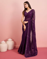 Embroidered Sequin Wine Saree - Soft Premium Georgette with Lace Border Colorful Saree