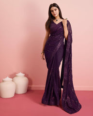 Embroidered Sequin Wine Saree - Soft Premium Georgette with Lace Border Colorful Saree