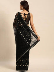 Embroidered Soft Net Black Saree with Mono Banglory Blouse Piece Colorful Saree