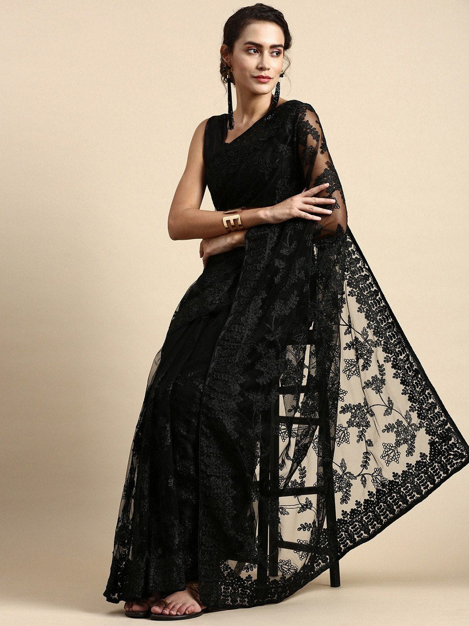 Embroidered Soft Net Black Saree with Mono Banglory Blouse Piece and Piping Lace Colorful Saree