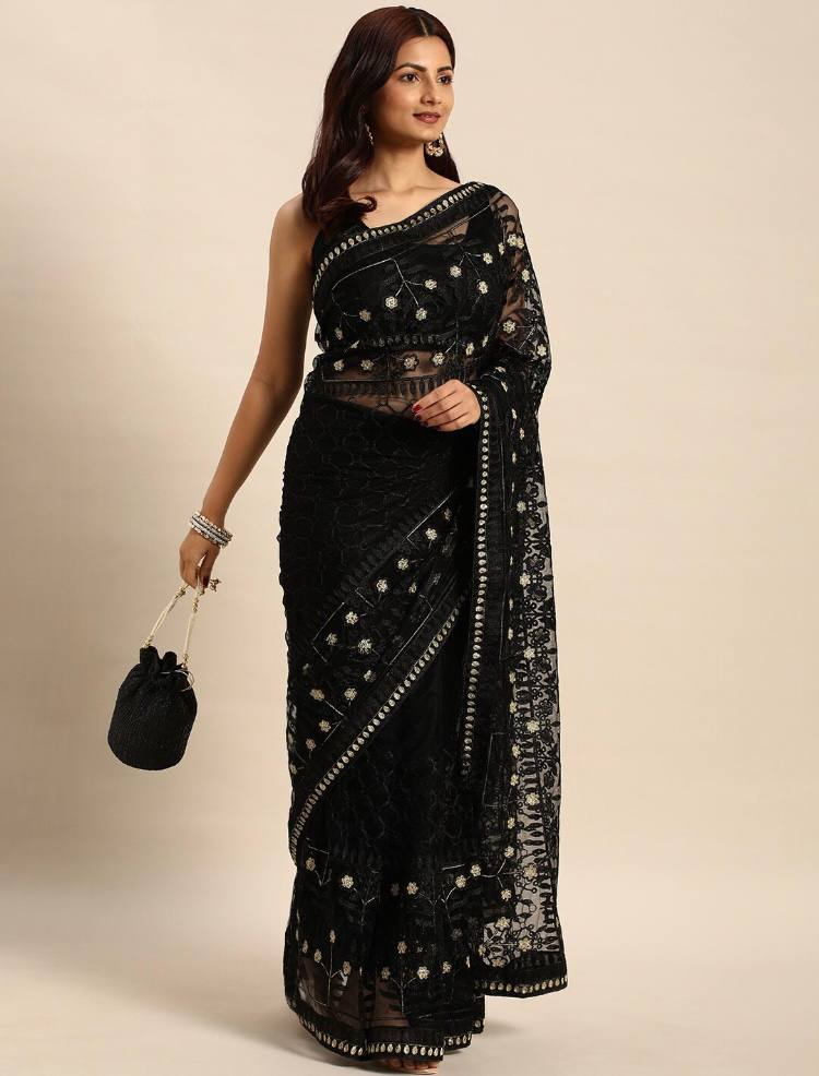 Embroidered Soft Net Black Saree with Mono Banglory Blouse Piece Colorful Saree