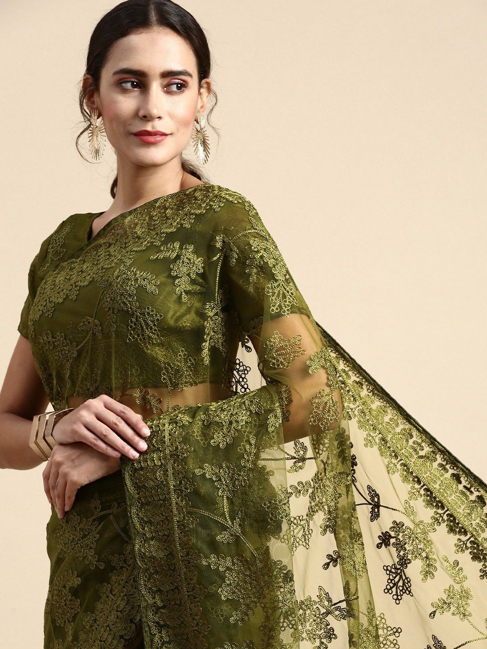 Embroidered Soft Net Mehndi Green Saree with Mono Banglory Blouse Piece and Piping Lace Colorful Saree