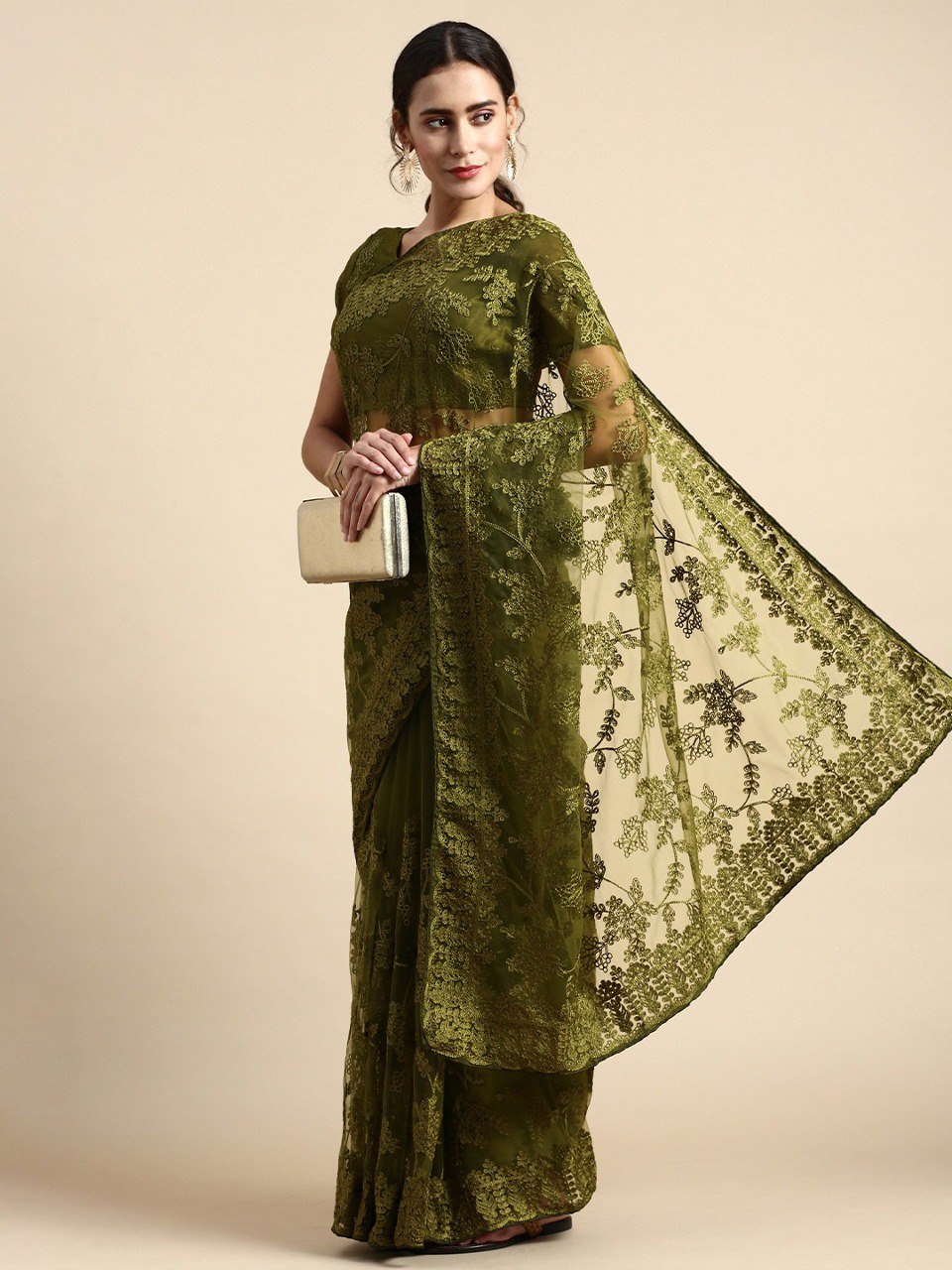 Embroidered Soft Net Mehndi Green Saree with Mono Banglory Blouse Piece and Piping Lace Colorful Saree