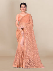 Embroidered Soft Net Peach Saree with Satin Banglory Silk Blouse Colorful Saree