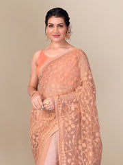 Embroidered Soft Net Peach Saree with Satin Banglory Silk Blouse Colorful Saree