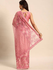 Embroidered Soft Net Pink Saree with Mono Banglory Blouse Piece Colorful Saree