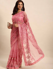 Embroidered Soft Net Pink Saree with Mono Banglory Blouse Piece Colorful Saree