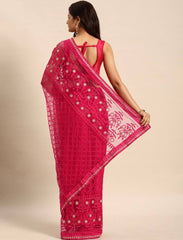 Embroidered Soft Net Rani Pink Saree with Mono Banglory Blouse Piece Colorful Saree