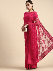 Embroidered Soft Net Rani Pink Saree with Mono Banglory Blouse Piece and Piping Lace Colorful Saree