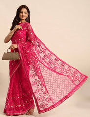 Embroidered Soft Net Rani Pink Saree with Mono Banglory Blouse Piece Colorful Saree