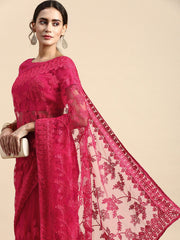 Embroidered Soft Net Rani Pink Saree with Mono Banglory Blouse Piece and Piping Lace Colorful Saree