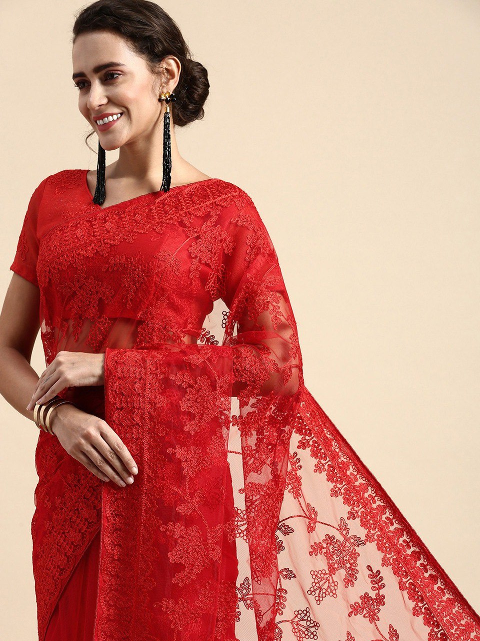 Embroidered Soft Net Red Saree with Mono Banglory Blouse Piece and Piping Lace Colorful Saree