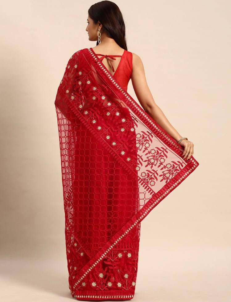 Embroidered Soft Net Red Saree with Mono Banglory Blouse Piece Colorful Saree